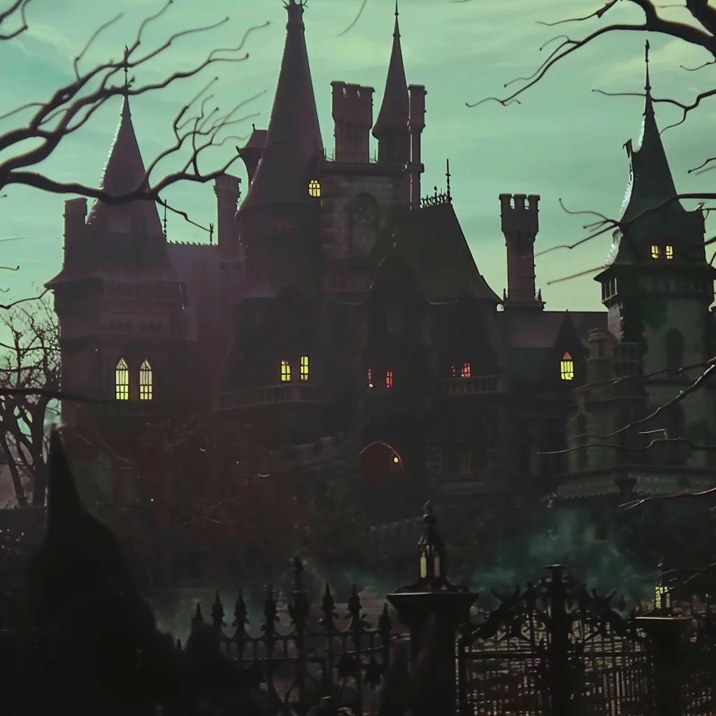 Castillo gótico oscuro con múltiples torres y ventanas iluminadas de amarillo y rojo, bajo un cielo verdoso, con ramas secas de árbol en primer plano y una reja de hierro forjado.