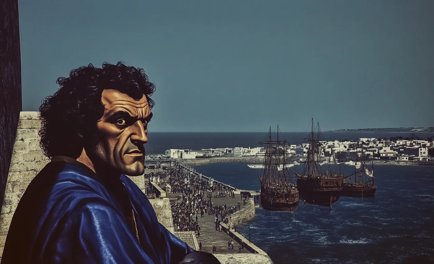 Hombre de cabello rizado y capa azul en primer plano, mirando hacia una ciudad costera amurallada con multitud reunida en el muelle y barcos de vela en la bahía.