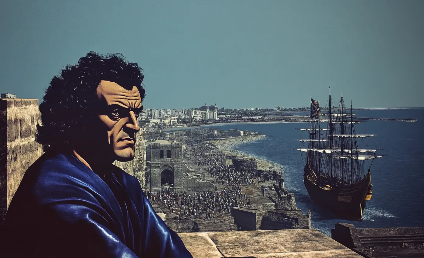 El mismo hombre de perfil en primer plano, con una ciudad costera al fondo, una playa repleta de gente y un barco de vela anclado en la bahía.