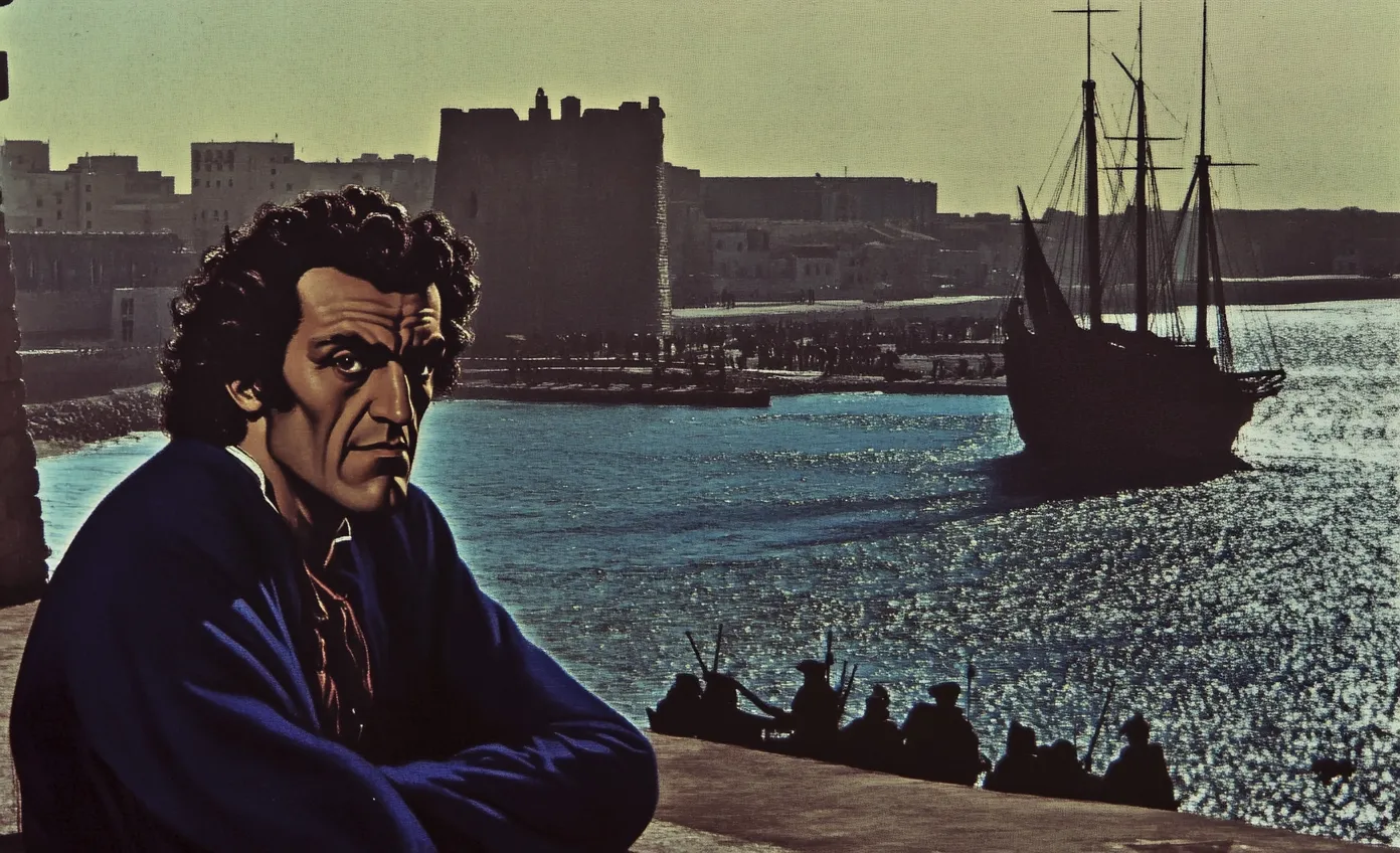 El mismo hombre observa hacia un puerto iluminado por el sol, con un velero en el agua y una multitud en silueta reunida en el muelle.