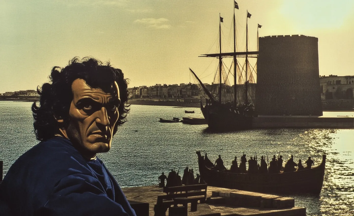 Retrato de cerca del mismo hombre, con una torre de piedra circular y un velero con banderas al fondo, y una fila de personas en el muelle durante el atardecer dorado.