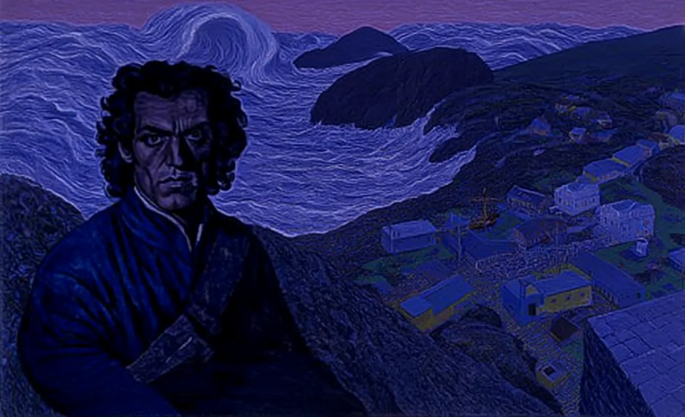 Pintura nocturna en tonos azules del mismo hombre observando un pueblo costero al pie de montañas oscuras, bajo la luna, con el mar agitado en primer plano.