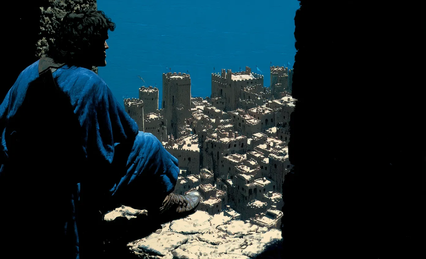 Una persona con manto azul y cabello rizado se asoma desde un pasaje en sombra hacia una ciudad de casas blancas y torres de piedra construida sobre una colina, bajo un cielo azul intenso.