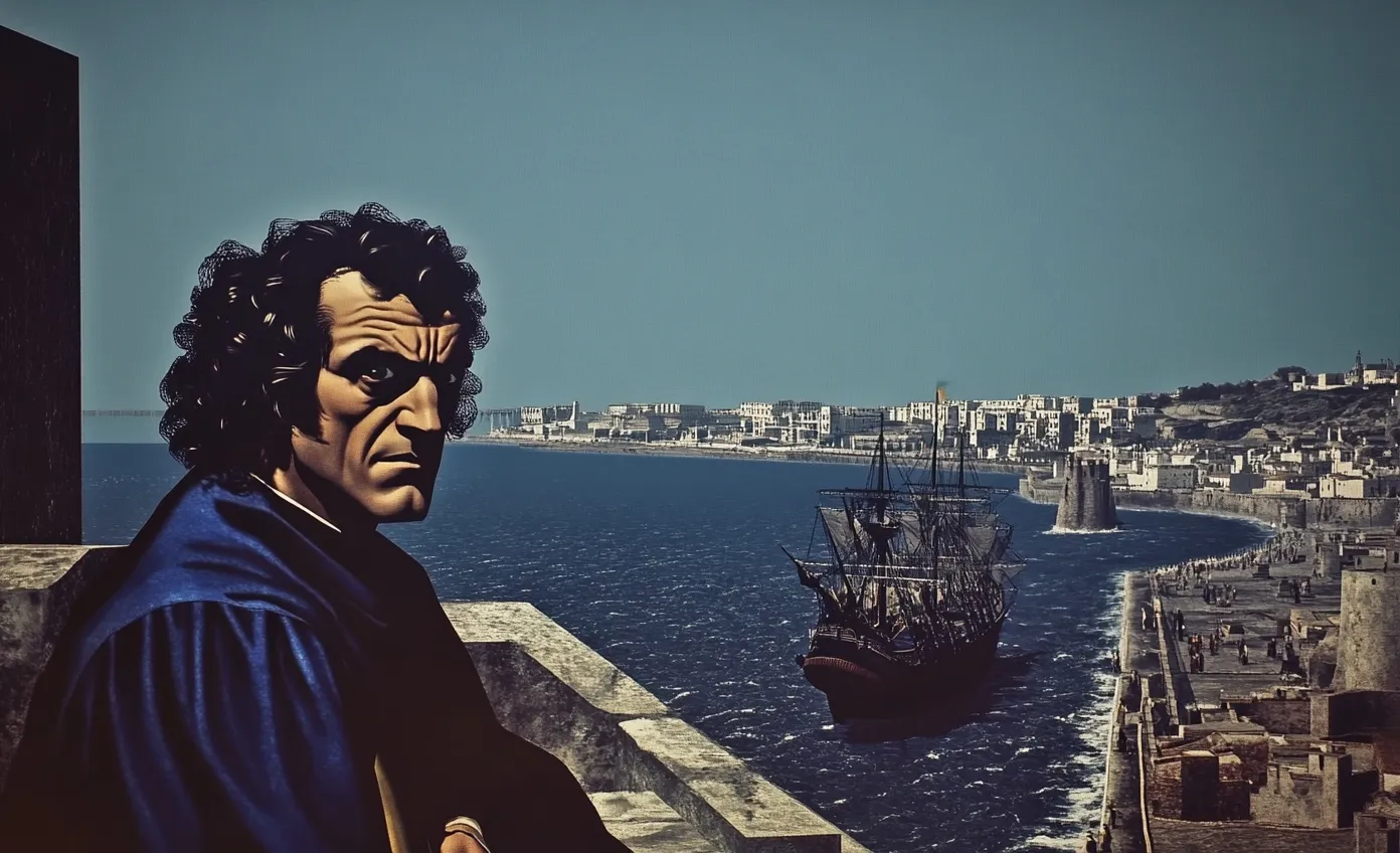 Un hombre de cabello oscuro y rizado, vestido con chaqueta azul oscuro, se apoya en un muro de piedra y mira hacia un lado; al fondo hay un barco velero antiguo y una ciudad costera de casas blancas bajo un cielo despejado.